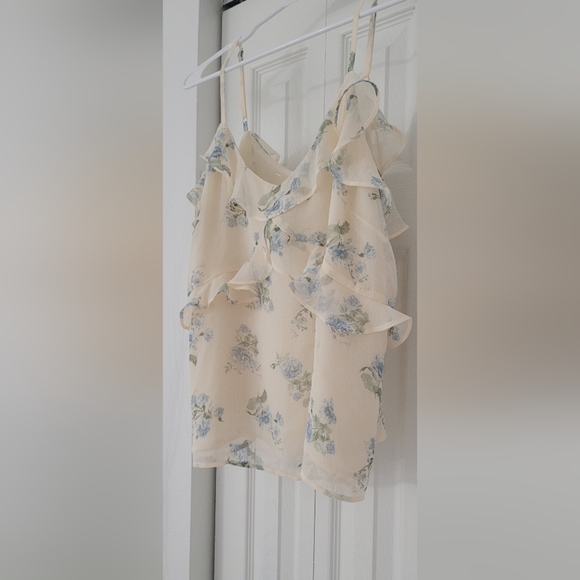 Loft Floral Ruffle Blouse - Cream and Blue Sz L - Picture 2 of 9